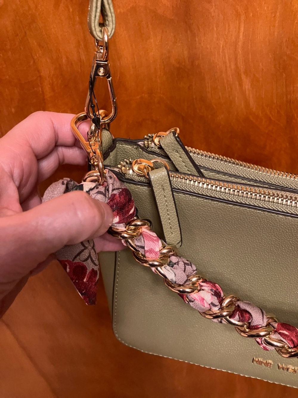 Nine West Olive Crossbody with Pink-Patterned Scarf Chain - Picture 13 of 15